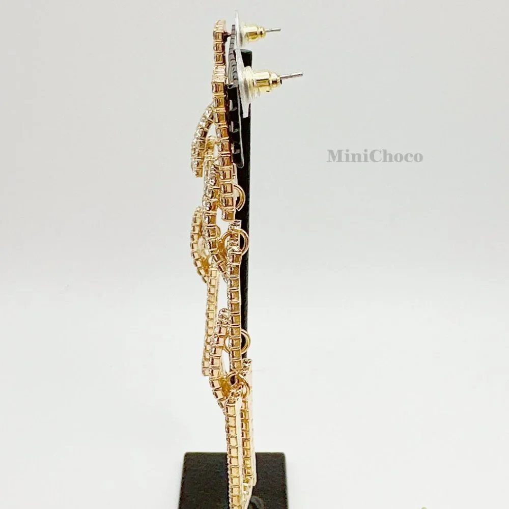 Gold Tone Rhinestone Rectangle Chain Link Earrings - Picture 7 of 10